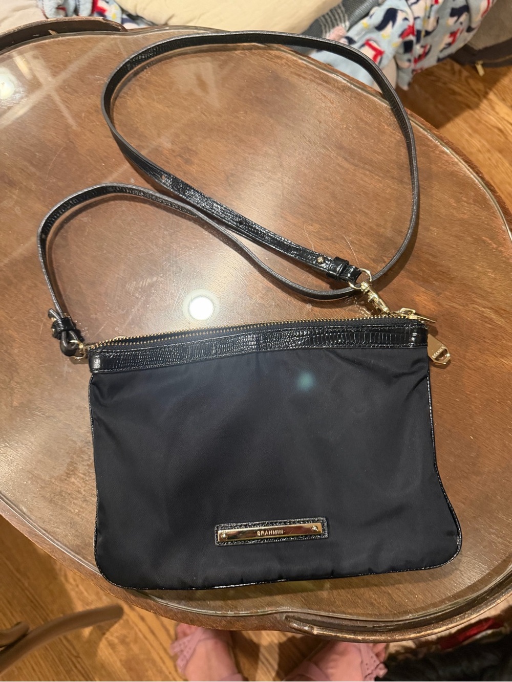 Brahmin Black Nylon Crossbody with Patent Trim and Gold Hardware